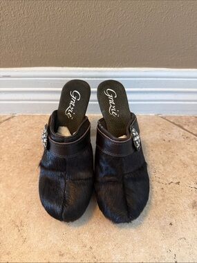 Grazie Black Fur Mule Clogs with Decorative Buckle